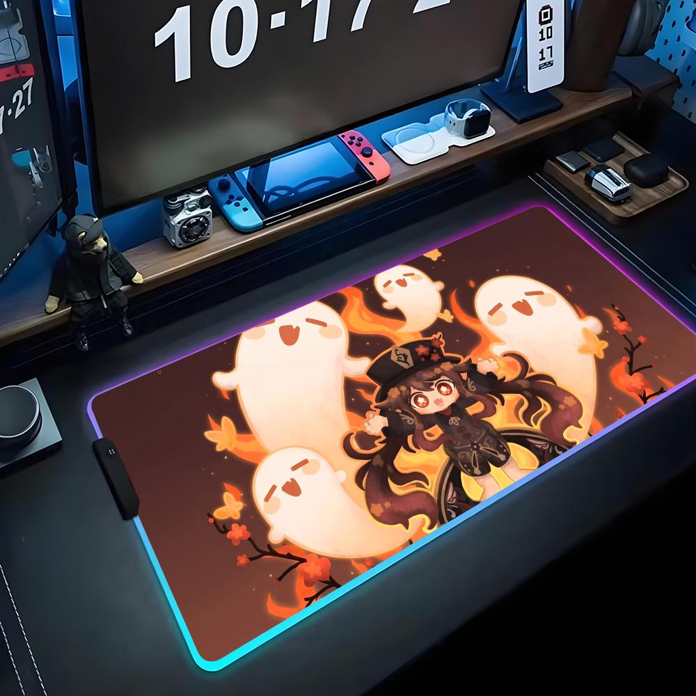 hu tao Mouse Pad RGB Gaming Mousepad Big LED Pad PC Desk Mat Luminous Mouse Pad Large Keyboard Mats Table Rug With Backlit