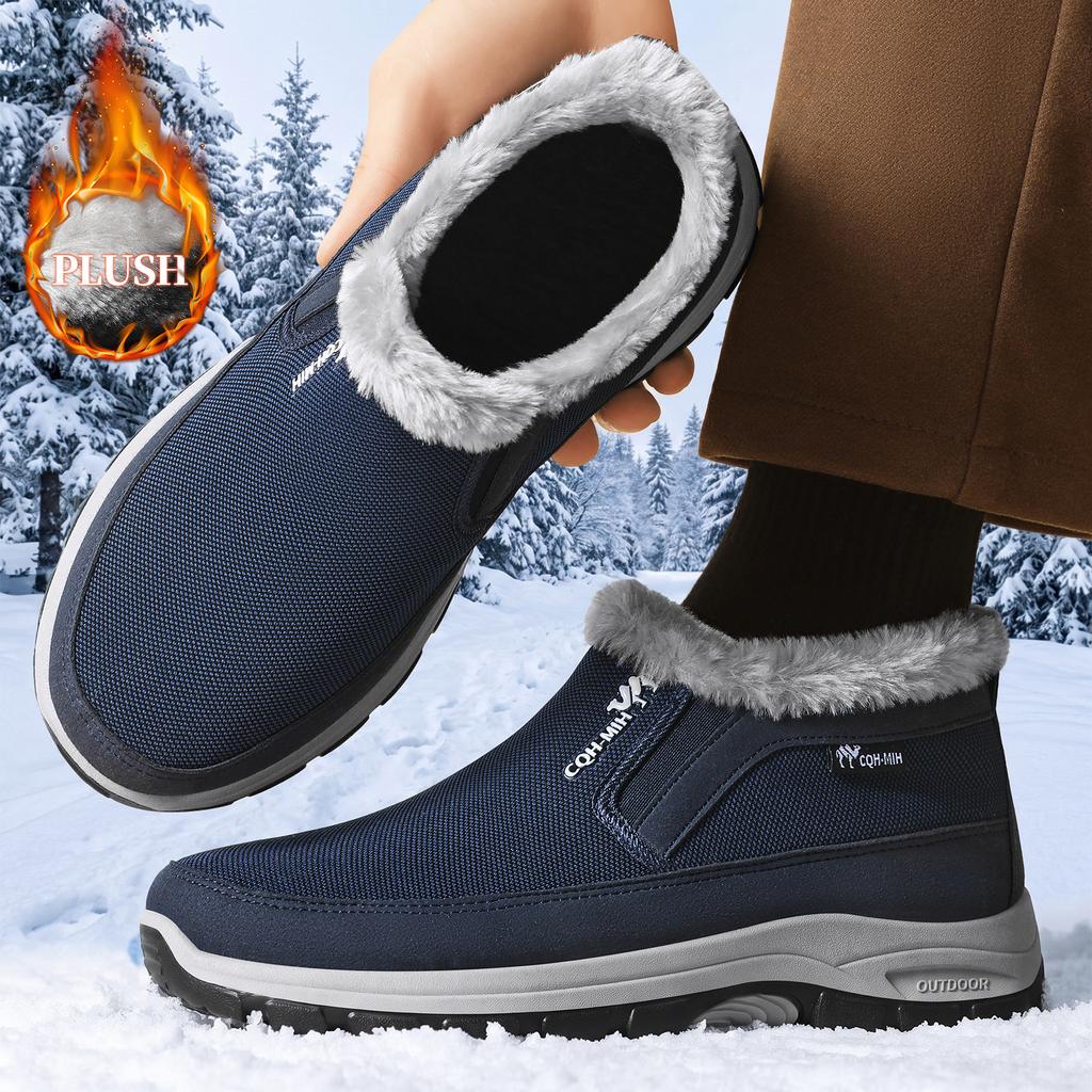 Winter Men Fleece Lined Slip On Shoes, Warm Fabric Upper Soft Sole Cold Proof Outdoor Casual Footwear