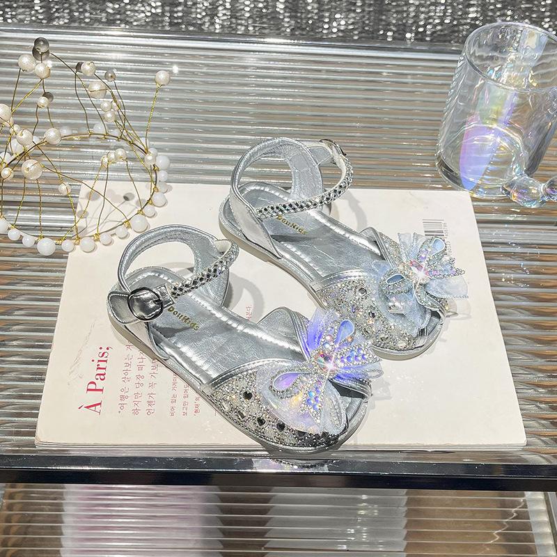 Children's luminous sandals 2026 season children's lights bow princess shoes lights rhinestone hollow sandals