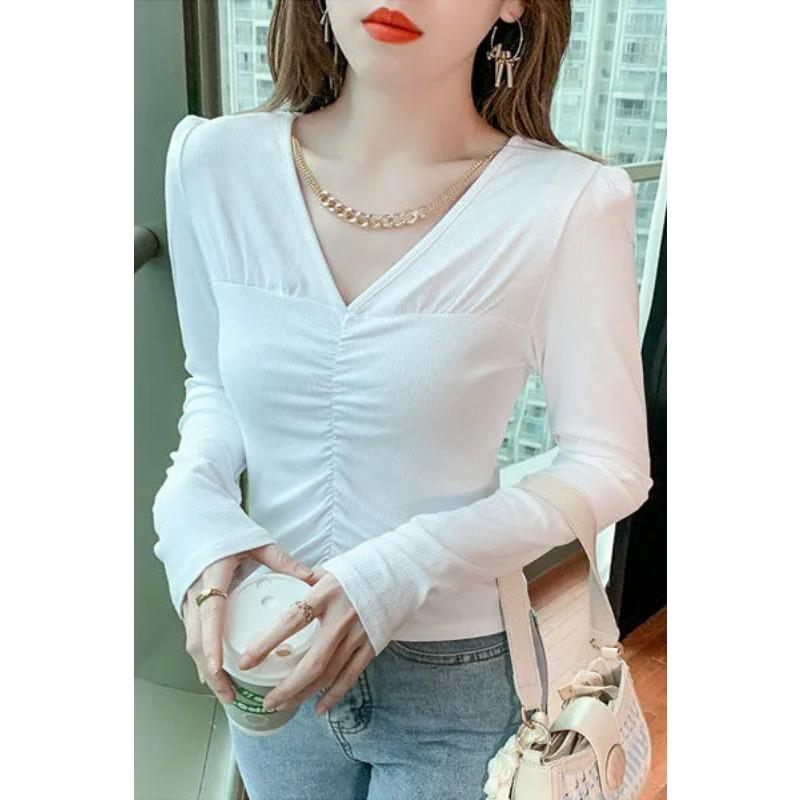 Womens V Neck Ruched Long Sleeve Slim Fit T Shirt S