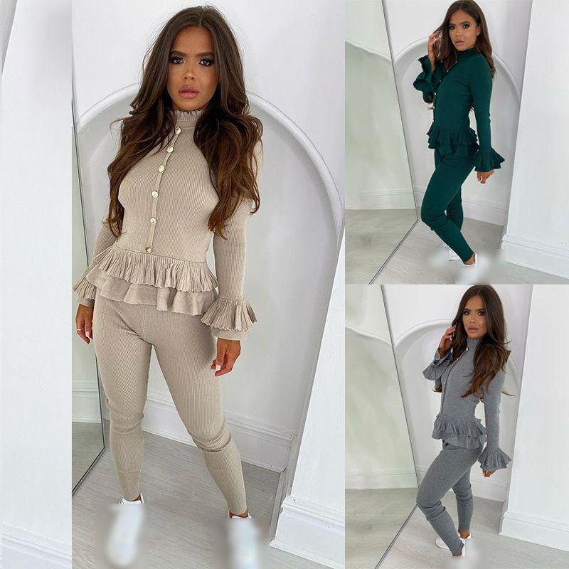 Stylish Women's Ladies Fine Ribbed Frill Peplum Button Loungewear Suit Tracksuit Set For Cozy Comfort