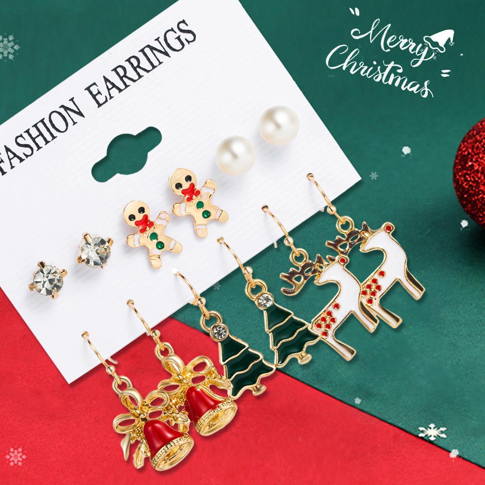 6 Piece Set Of Women Fashionable And Simple Christmas Series Christmas Tree Bells Deer Pattern Earrings Accessorie And Ornaments