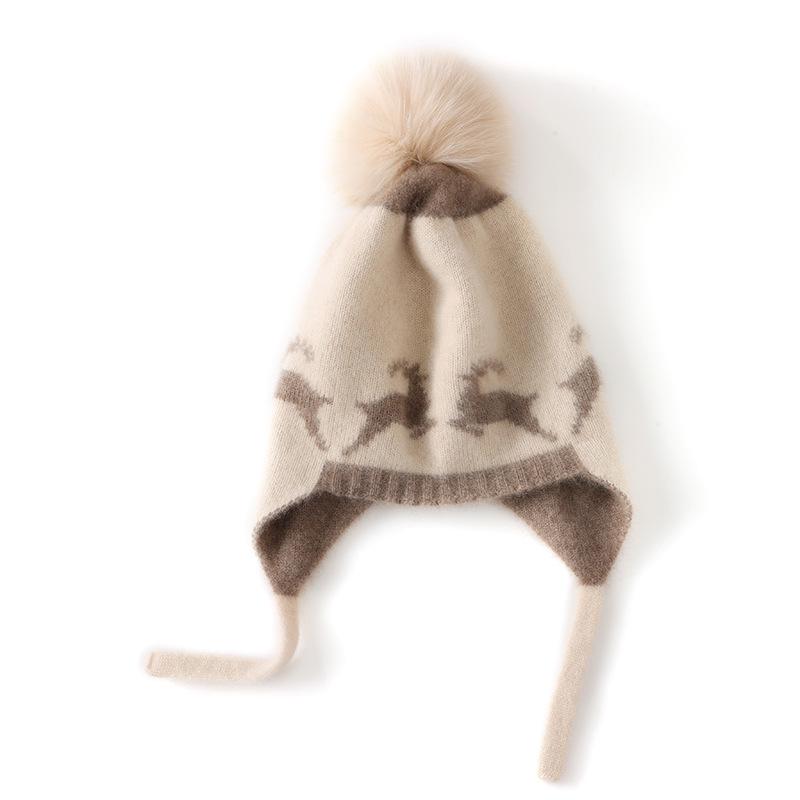 Детская жаккардовая кашемировая шапка с оленями, помпоном и завязками 7-12 Years