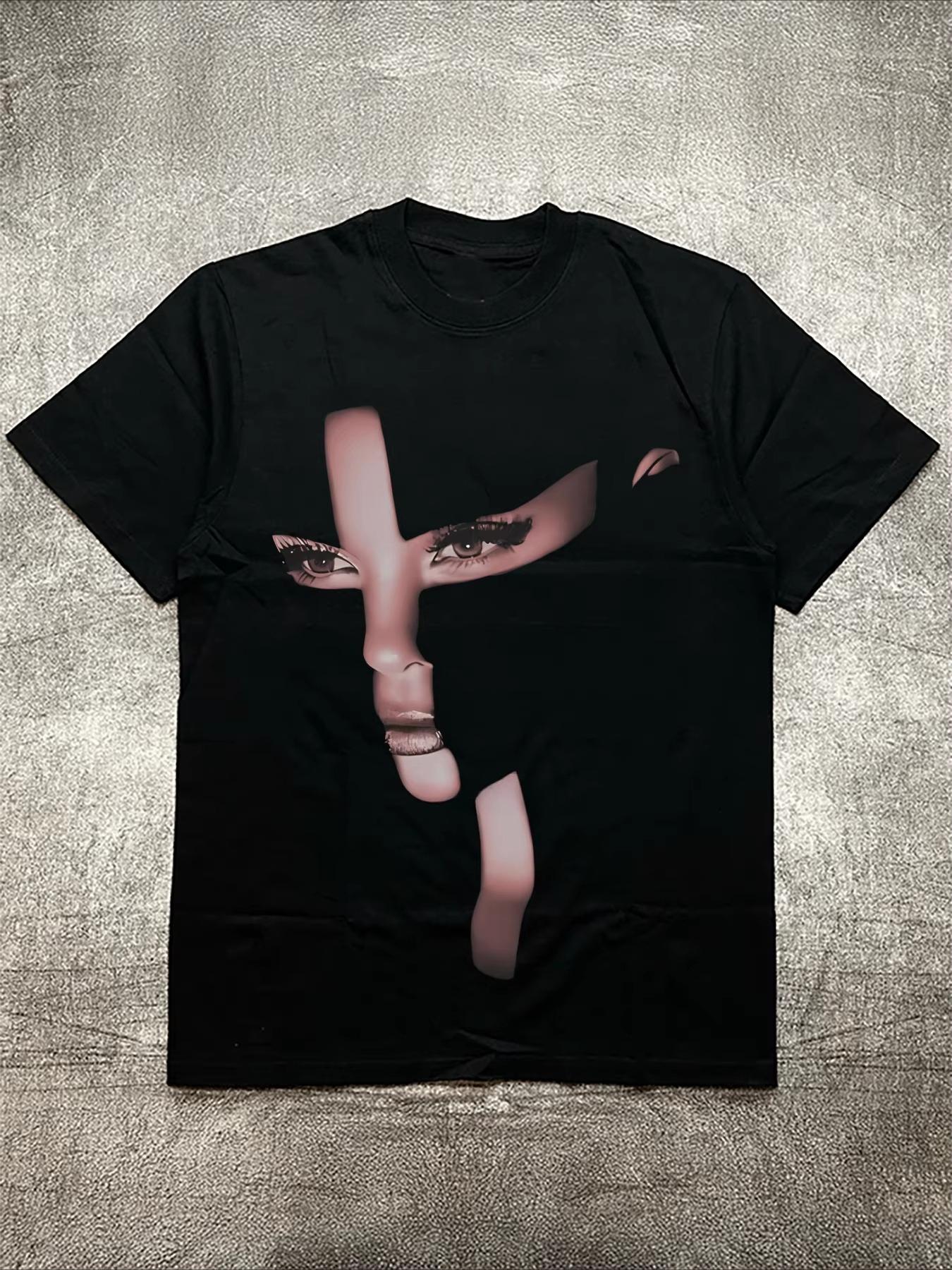 

2025 Summer Hto Sale Men s Black 200g Cotton T - Shirt - Creative Face Art Heat Transfer Print Round Neck Short Sleeve Tops Tee 4XL