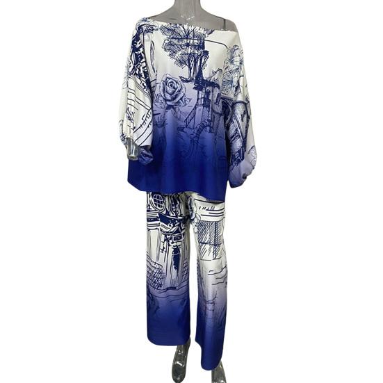 2 Teile/satz Frauen Rose Gedruckt Dolman Set Eine Schulter Top Hosen Ärmeln Baggy Lose