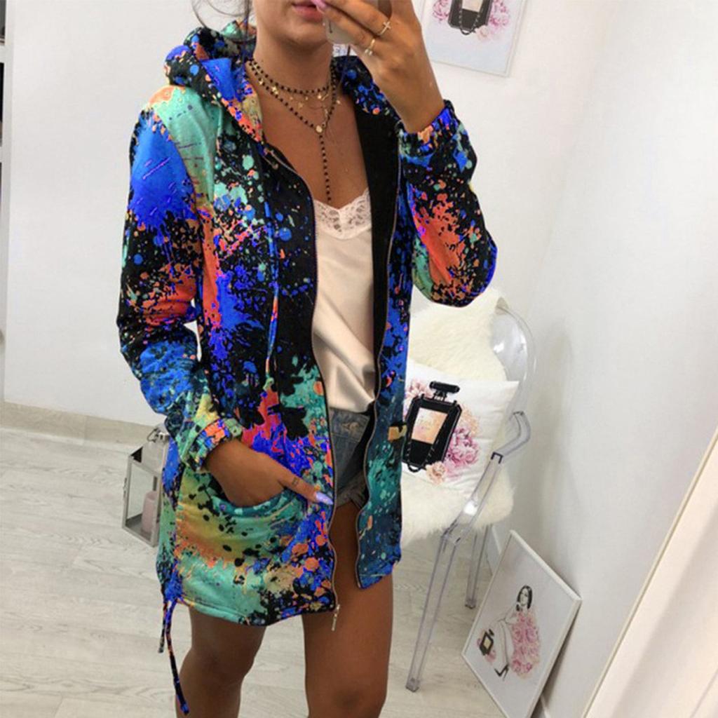 Fashion Womens Tie Dyeing Print Coat Outwear Sweatshirt Hooded Jacket Overcoat