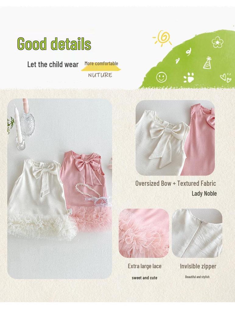 Nuovo Vestito Estivo Principessa con Fiocco per Neonate - Dolce Gonna in Rete, Set Stile Coreano