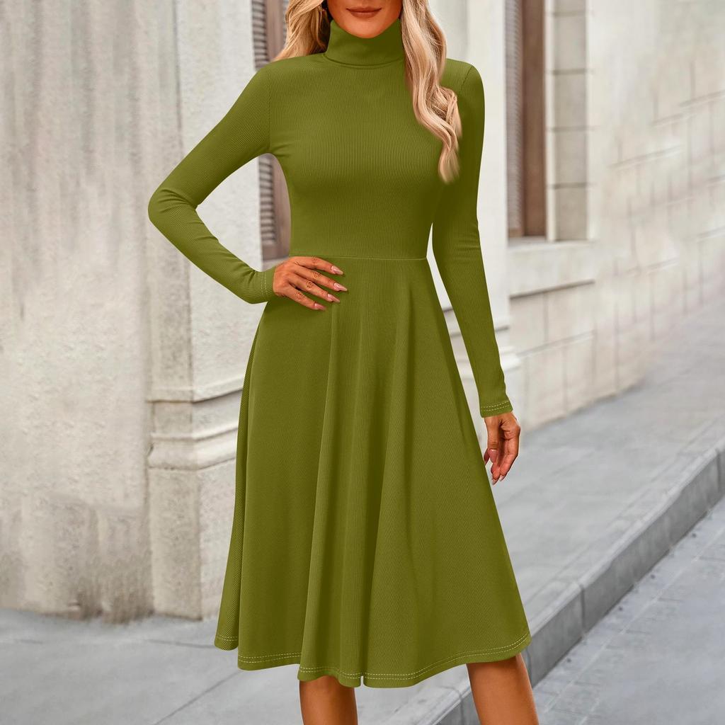 Vestido Midi Casual de Moda Feminina com Gola Alta e Mangas Longas em Cor