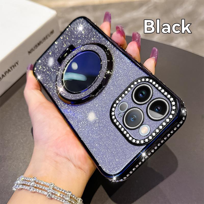 KEYSION Luxury Glitter Jewelled Magnetic Phone Case for iPhone 13 14 Pro Max Makeup Mirror Ring Stand Shockproof Back Cover