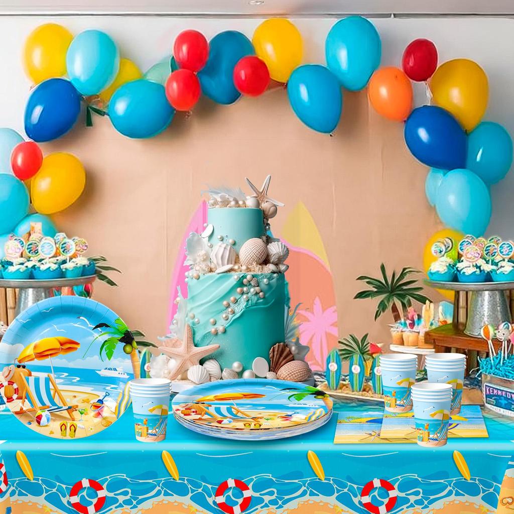 141pcs Beach Party Supplies, Beach Plates And Napkins Party Supplies Includ Beach Theme Paper Plates Cups Napkins & Summer Beach Table Cloth etc