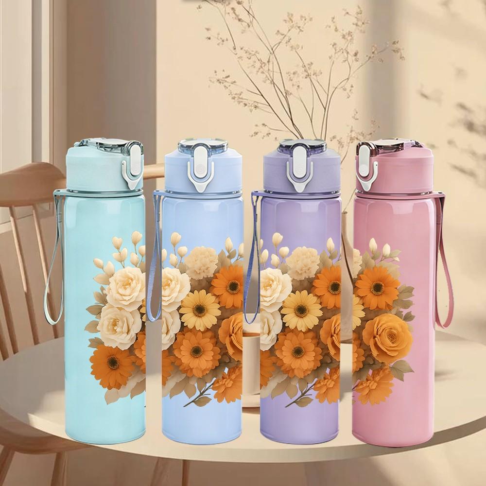1PC Warm Dried Sunflower Bouquet Pattern 750ml Color Plastic Sports Water Bottle Leakproof Flip Straw Lid Suitable for Sports Office Home Use