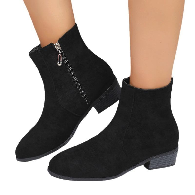 Europeiske og amerikanske utenrikshandel sideglidelås tykk hæl semsket skinn Martin-støvletter dame grenseoverskridende lav hæl stor størrelse tynne korte bare støvletter