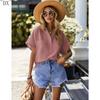 DX~Women's Cotton Linen Shirt Short Sleeved Henry Shirt Button Up V-neck Casual Work Top with Two Pockets