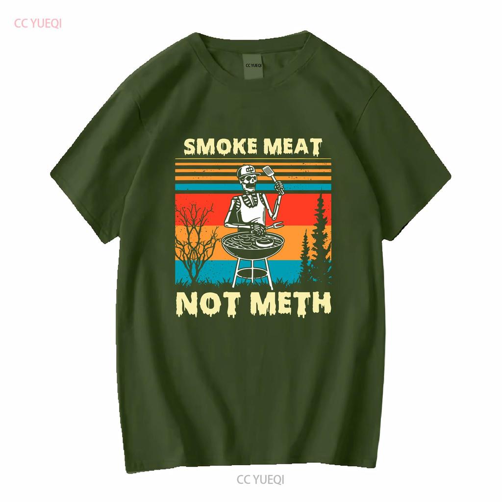 Funny BBQ Skeleton With A Hot Dog Smoke Meat Not Meth Master T Shirt long or short sleeves vintage Washed Top For Everyday Wear
