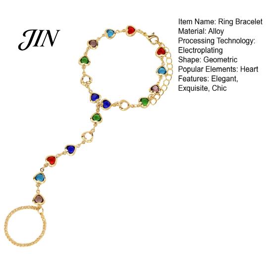 Gold Plated Bracelet Hand Chain with Ring for Women, Colorful Heart Shaped Two-in-one And Faux Crystal Healing Jewelry, Gifts Best Friend Sister Wrist