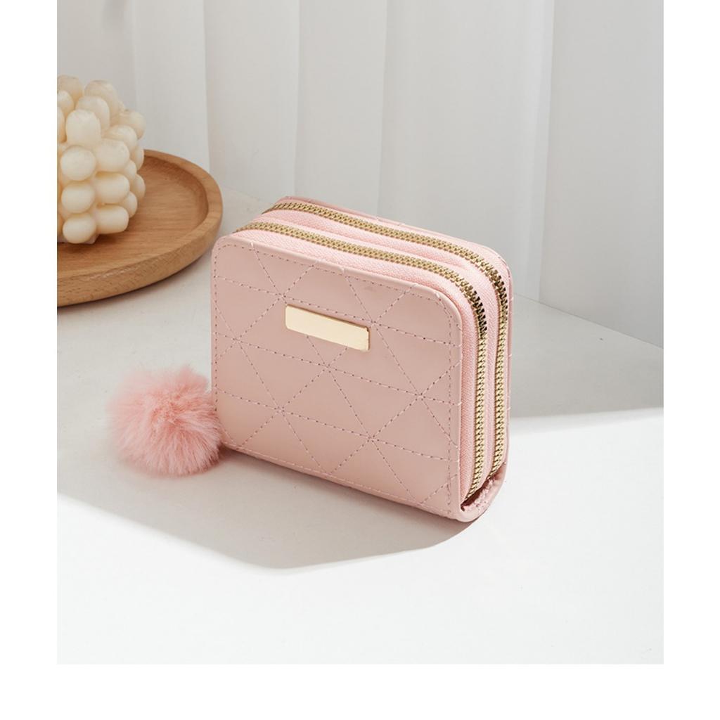 Small Fur Ball Bag, Double Layered Wallet, Diamond Grid, Ladies', Short, Hand-held, Coin Purse