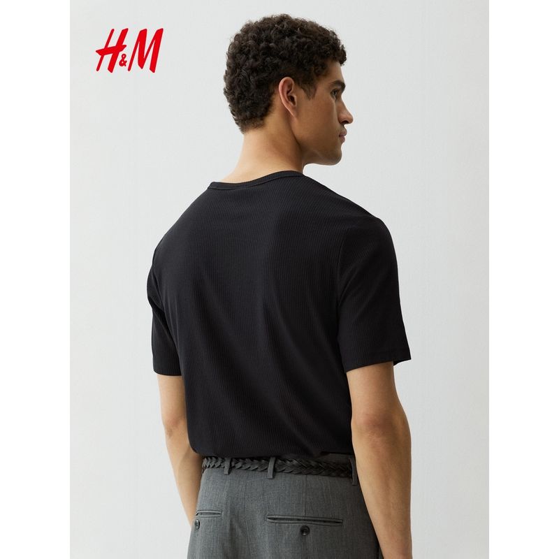 

HM Men s and Women s T-shirt 2025 Summer New round Neck Shoulder Casual Fashion Simple American Short Sleeve 1265084 Black 165/84