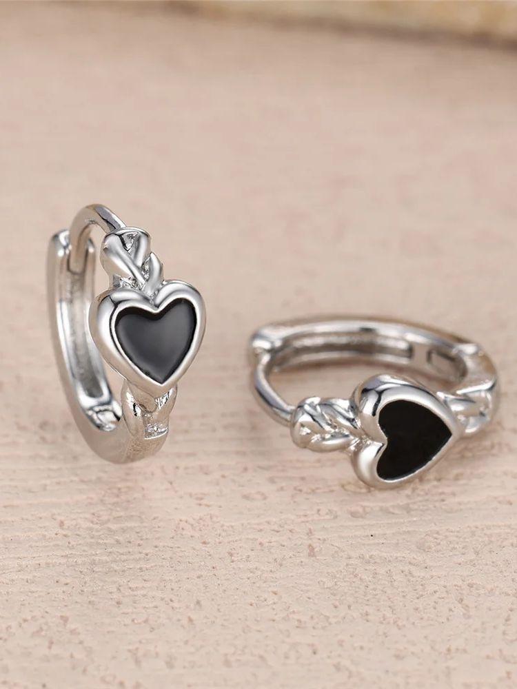 Charm Female Black Enamel Cute Love Heart Hoop Earrings Silver Color Simple Wedding Jewelry For Women