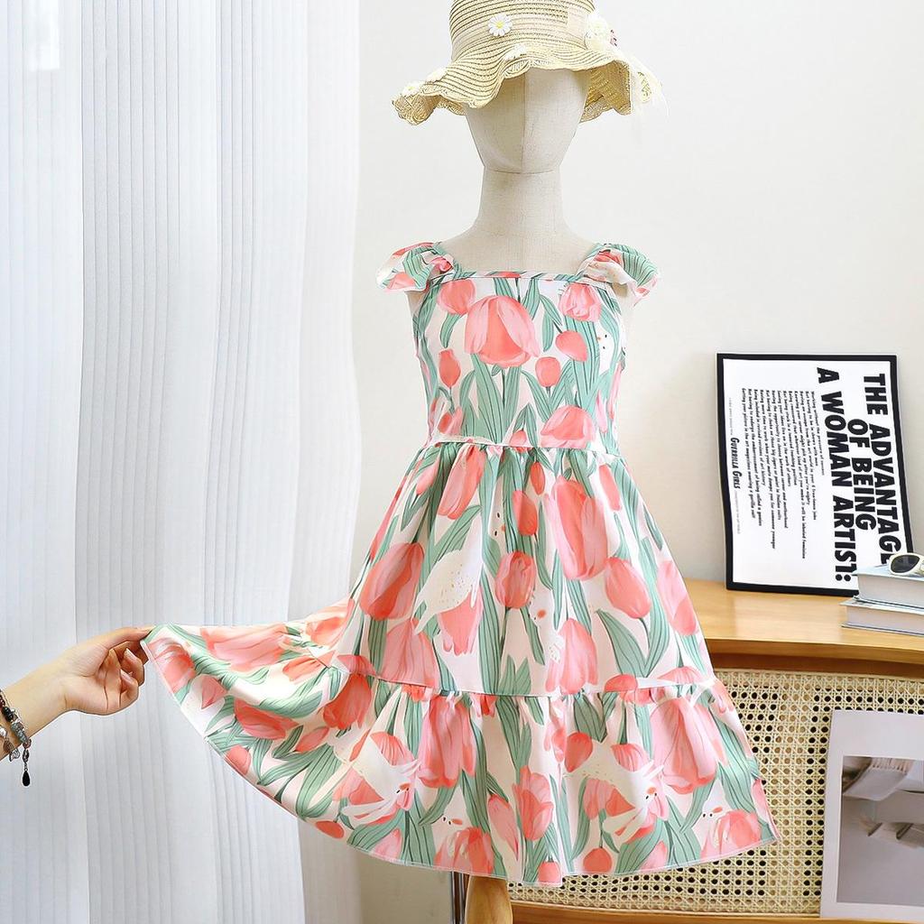 Girls' Floral Princess Dress - Fresh Mori Style with Thin Straps