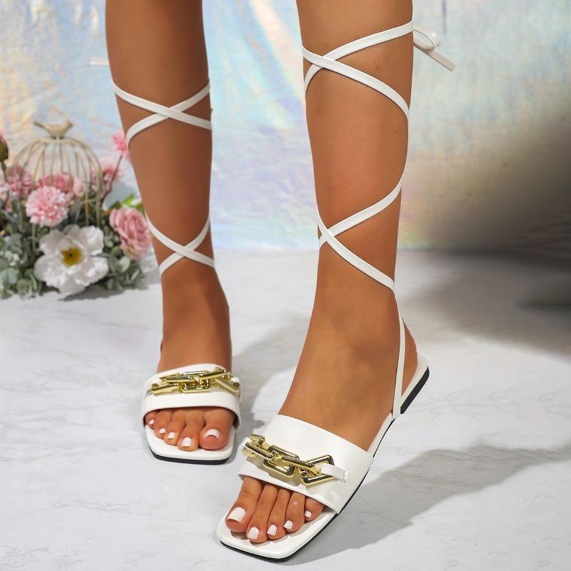 Dámské ploché sandály ve velkých velikostech, nová letní móda, řetízkové pásky kolem kotníku, dámské sandály