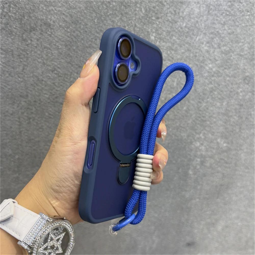 Wrist Strap Matte Clear Magnetic For Magsafe Holder Stand Case For iPhone16 15 11 12 13 14 16 Pro Max Plus With Lens Glass Cover