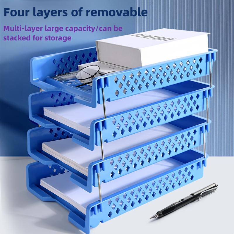 File Manager Rack, Office Stackable Layered File Rack, Document Tray Holder, Desktop Organizer, Paper Storage Case, Four-Tier синий