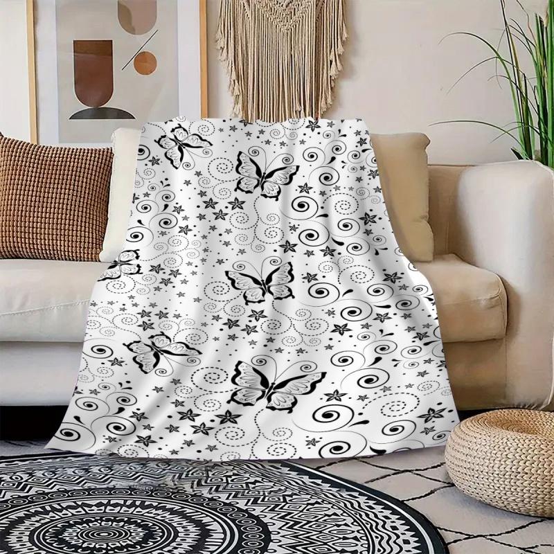Black Butterfly Swirl Star White Background Flannel Throw Blanket, Light Soft Blanket for Couch Bed Minimalist Home Decor