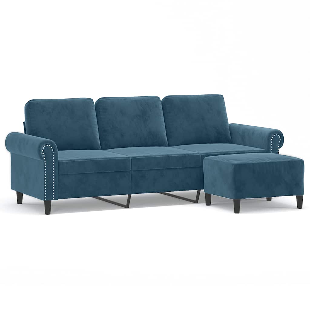 3 Seater Sofa with Footstool Blue 180 cm Velvet