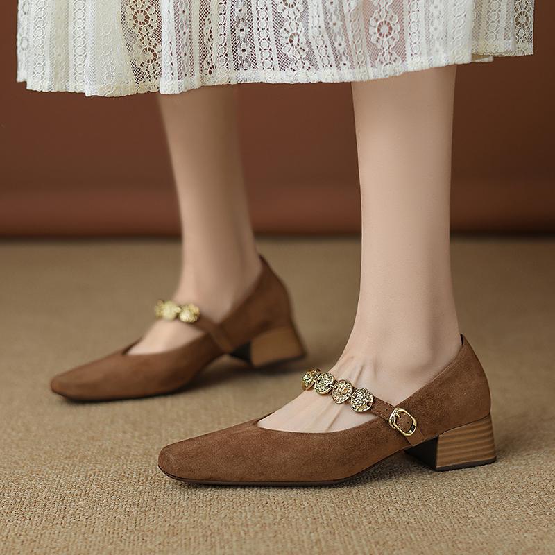 Fashion 2025 New Spring Women Pumps Kid Suede Square Toe Genuine Leather Shoes for Women Buckle Strap Mary Janes Ladies Shoes