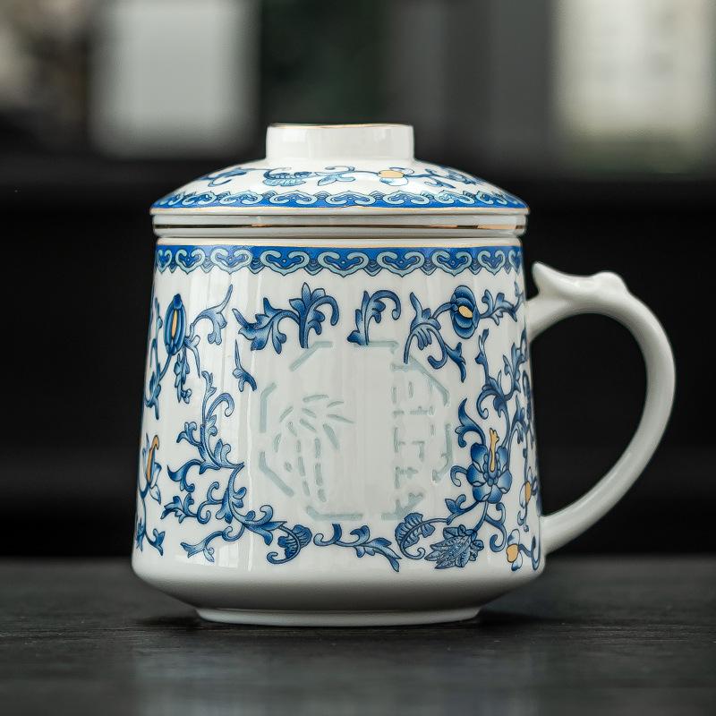Linglong Blue And White Tea Separation Teacup Ceramic Office Cup White Porcelain Conference Cup Creative Mug Business Souvenir 401-500ml