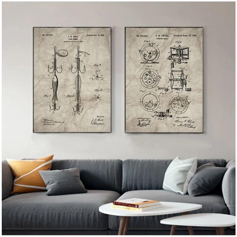 Vintage Fishing Patent Canvas Poster Fishing Tackle Equipment Painting Prints Angling Design Picture Retro Wall Art Decoration