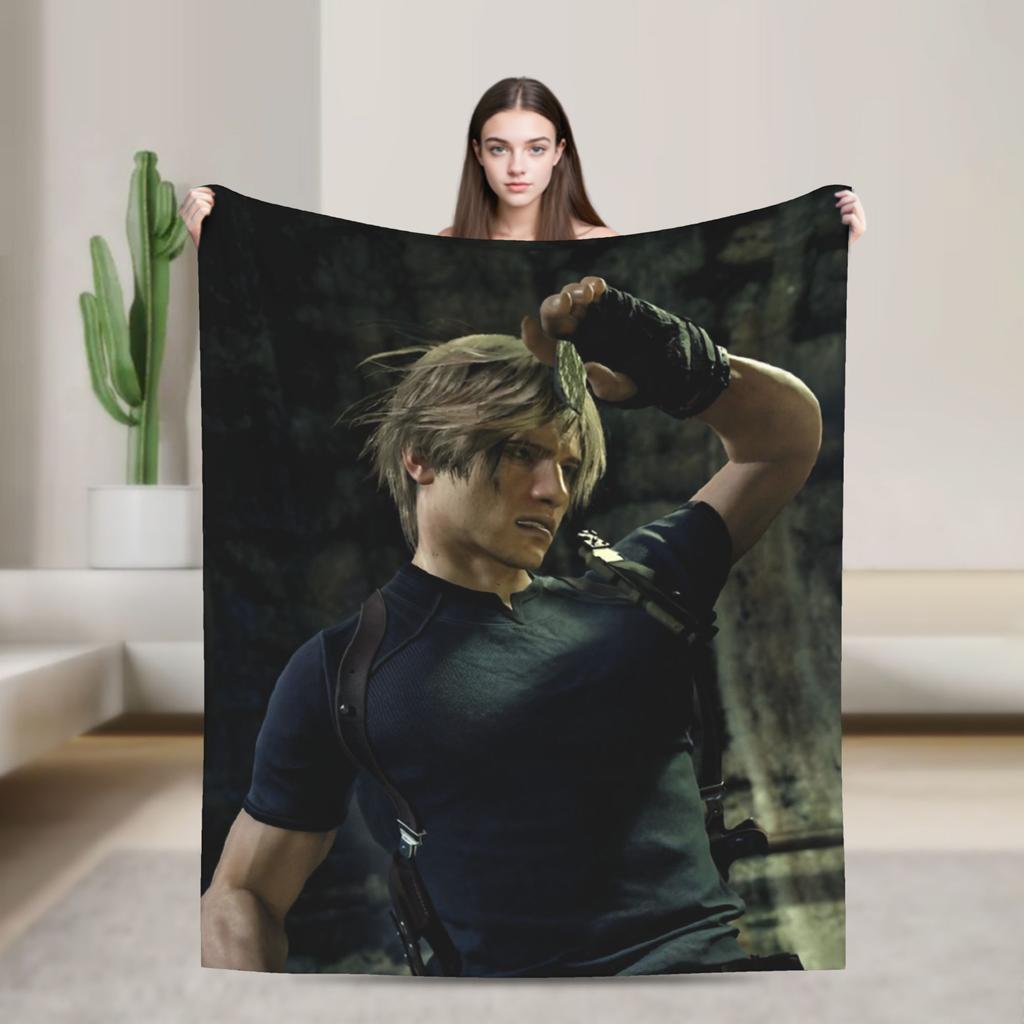 Leon Kennedy Resident 4 Remake Blankets Fleece Video Game Eviled Super Warm Throw Blankets for Bedroom Sofa Bed Rug