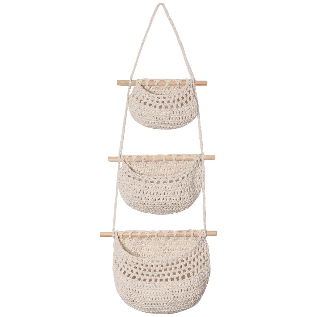 Cotton Linen Wall Hanging Fruit Basket 3 Layer Over the Door Organizer Classified Storage Hanging Storage Bag for Household