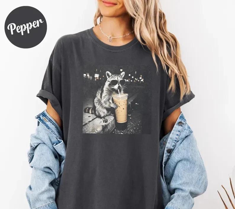 Comfort Colors® Retro Raccoon Drinking Iced Coffee Shirt | Funny Animal Meme Tee 3XL