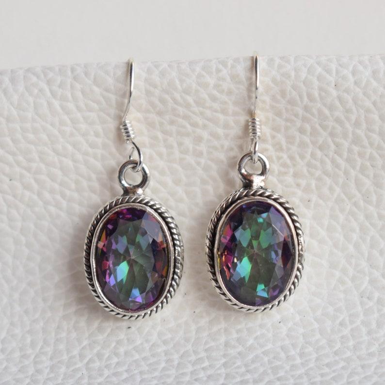 Solid 925 Sterling Silver Mystic Topaz Gemstone Handmade Boho Designer Women Dangler Earring Jewelry