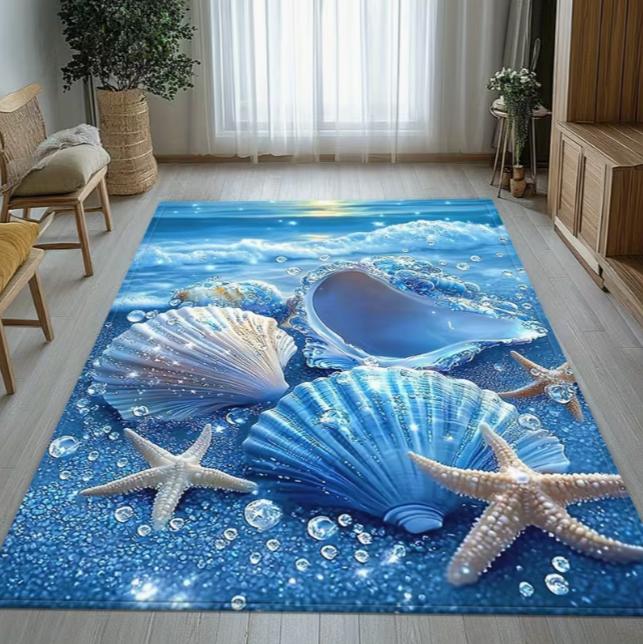 Beautiful Blue Beach Carpet with Seashell Starfish Living Room Office and Outdoor Use Beach Themed Home Decorative Carpet
