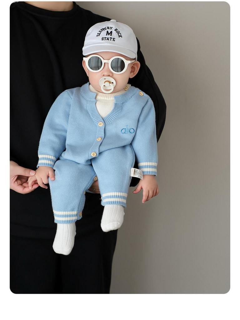 Infant Knit Romper with Blue Letter Embroidery - Autumn/Winter Two-Piece Design
