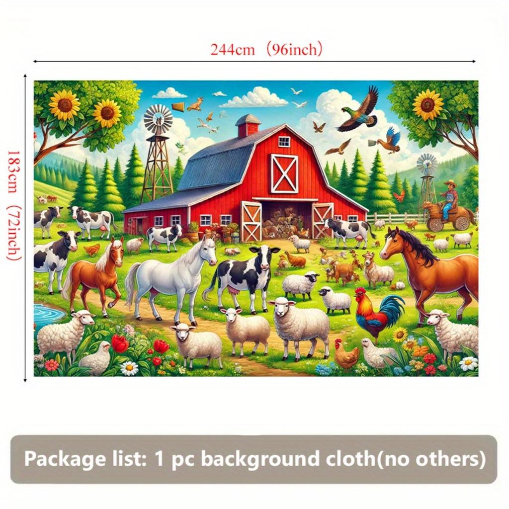 One large farm animal backdrop with a red barn, horses, sheep and chickens - 8x6 feet rural style party backdropDJH