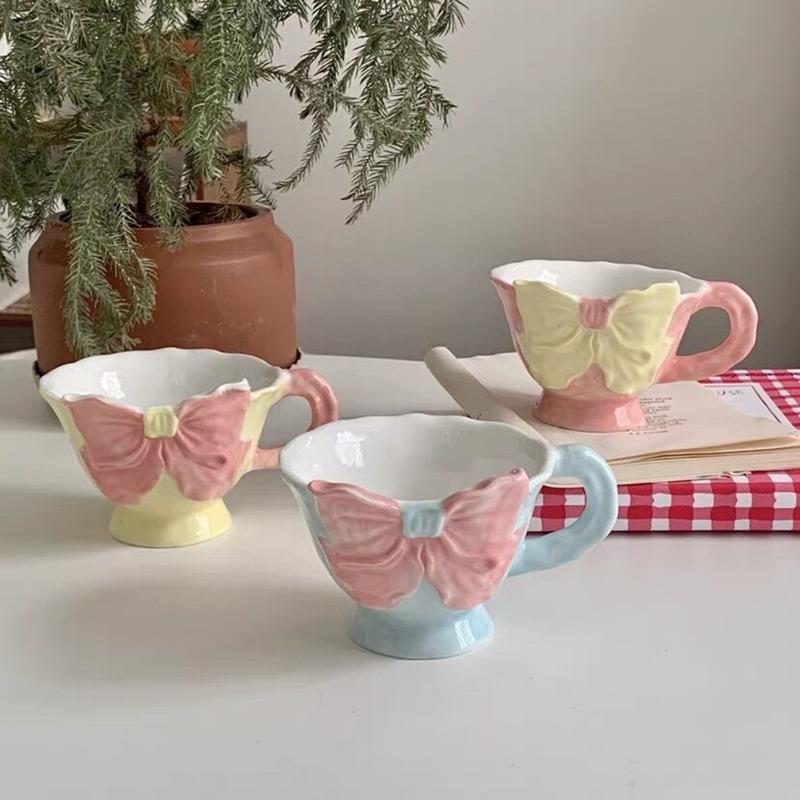 Schleifen Unterglasierte Keramik Kaffeetassen Schöne Handgemachte Porzellan Tee Milch Tassen Geschirr Einzigartig Handbemalt Rosa Gelb