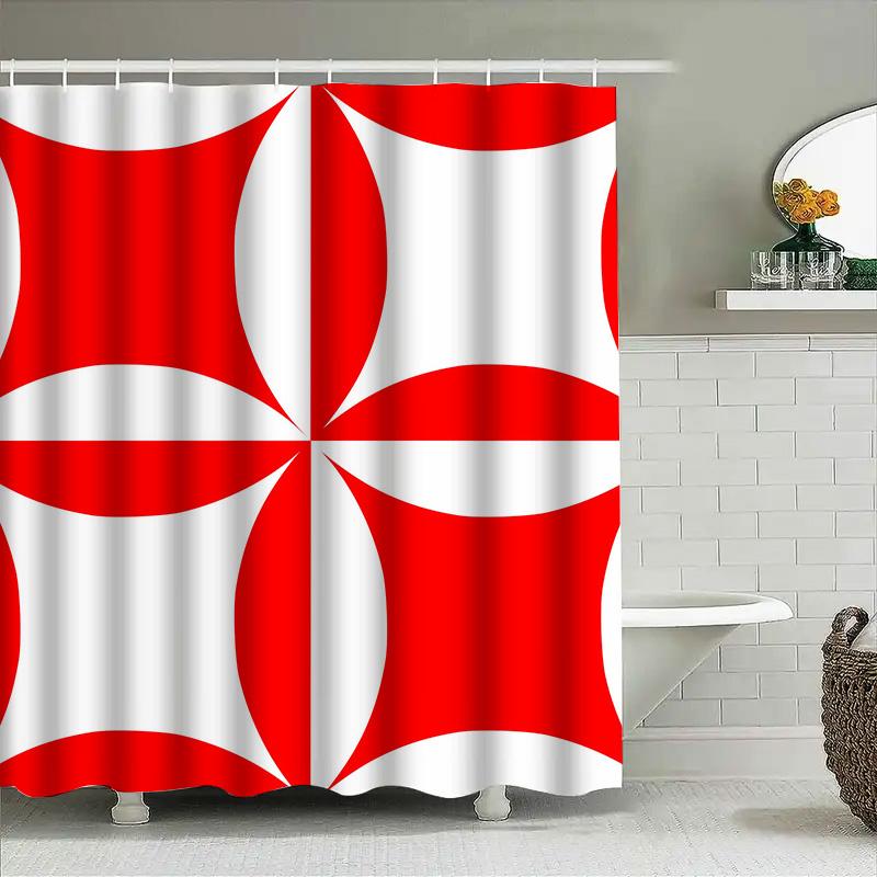 Red White Geometric Printed Shower Curtain Bathroom Decor Waterproof Fabric Easy Installation For Bathtub Or Walk-In Shower