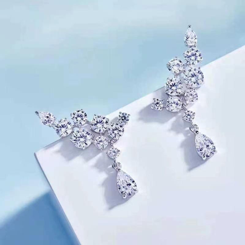 S925 White Gold Plated Teardrop Cluster Earrings with Simulated Diamond