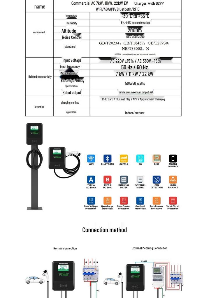 11kW EV Charger TYPE1/TYPE2/GBT, Commercial Charging Station, European Standard, OCPP1.6J.