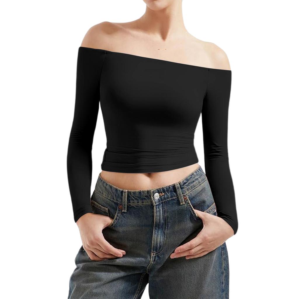 Damen Farbe Sexy Schulterfrei Langarm Figurbetontes Oberteil