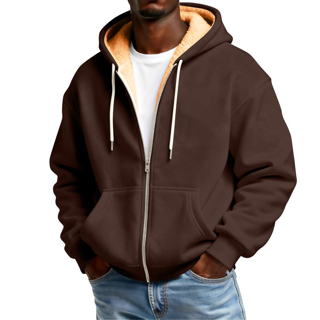 Men's Solid Color Fleece-Lined Zip-Up Pocket Hooded Sweatshirt Cardigan Men's Casual Sweatshirt Cardigan