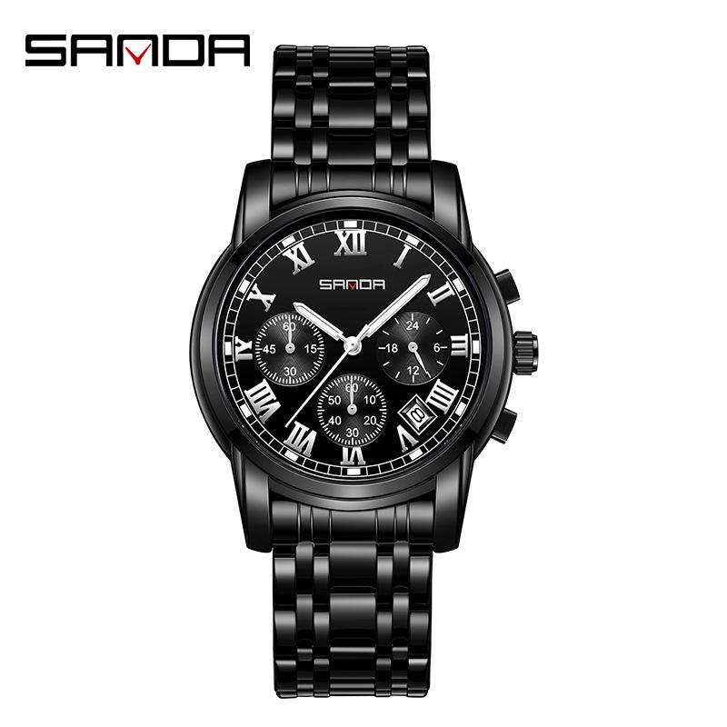 Sanda Men's Waterproof Luminous Quartz Watch - Fashionable Three-Eye Six-Hand Design with Steel Band.