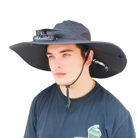 Fan Hat Wide-Brimmed Outdoor Hat with Dual-Power Fan Design Solar USB Charging Hiking Cycling Fishing Sun Hat