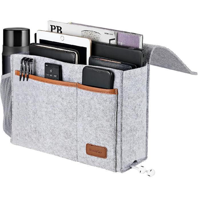 Bedside Caddy, Felt Bed Storage Organizer Hanging Bag Holder with 5 Pockets, Magazine Book Phone Tablet iPad Cables Remote and Water Bottle Holder