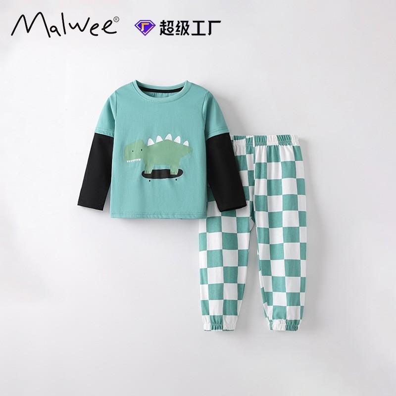 Malwee Kids Long Sleeve Round Neck Pajama Set Fall Winter Cotton Loungewear Toddler Boys Girls