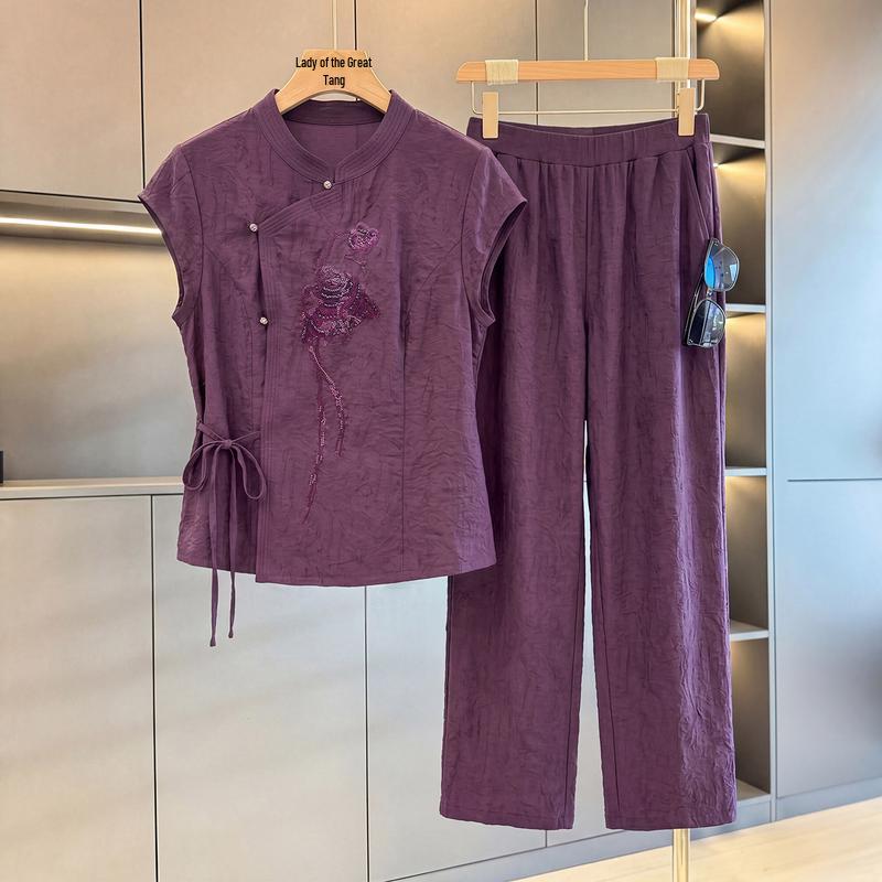 New Chinese Style Embroidered Summer Suit for Middle-Aged Women XL фиолетовый