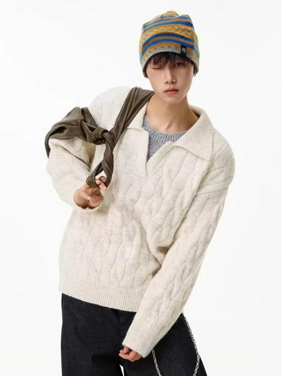 Unisex Faux Two-Piece V-Neck Knit Sweater - Loose, Lazy Style Wool Base Layer for Autumn/Winter.